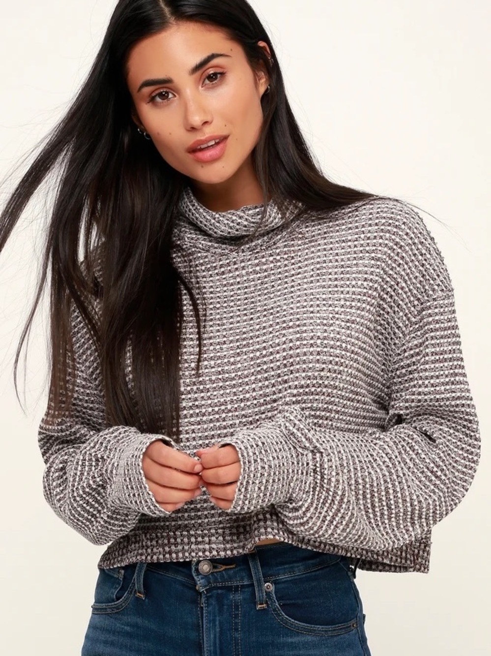 Free People Wine Red and White Waffle Knit Turtleneck Size XS